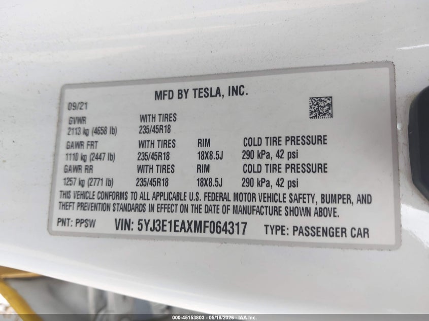 2021 Tesla Model 3 VIN 5YJ3E1EAXMF064317 IAAI salvage auction — REAR END, Salvage (Indiana), sold $5,675 on 2026-07-23 (photo 9)