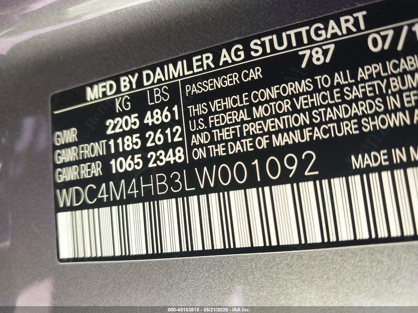 2020 Mercedes-benz VIN WDC4M4HB3LW001092 IAAI salvage auction — RIGHT SIDE, Clear (Michigan), sold $7,125 on 2026-07-16 (photo 9)