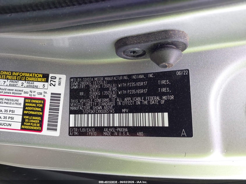 2022 Toyota Sienna VIN 5TDYSKFCXNS065145 IAAI salvage auction — ROLLOVER, Salvage (Massachusetts), sold $4,425 on 2026-07-10 (photo 9)