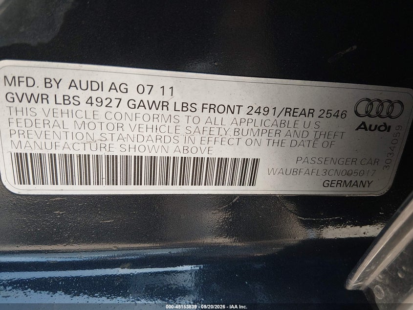 2012 Audi A4 VIN WAUBFAFL3CN005017 IAAI salvage auction — FRONT END, Salvage (West Virginia), sold $1,200 on 2026-07-16 (photo 9)