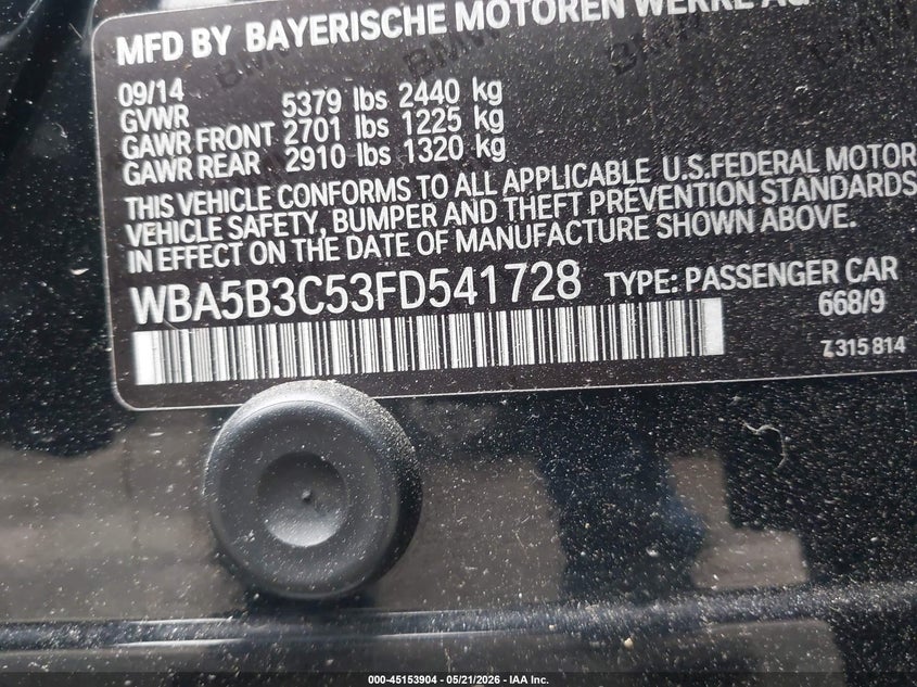 2015 BMW 5er VIN WBA5B3C53FD541728 IAAI salvage auction — REAR END, Salvage - Greater Than 75% (Maryland), sold $3,500 on 2026-07-28 (photo 9)