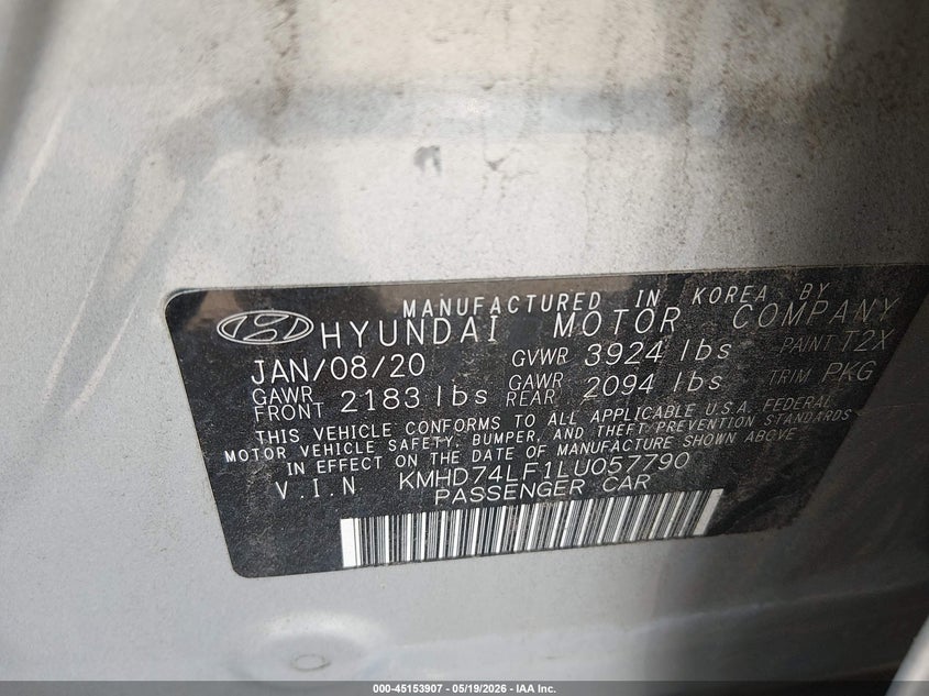 2020 Hyundai Elantra VIN KMHD74LF1LU057790 IAAI salvage auction — LEFT SIDE, Salvage (Maine), sold $2,750 on 2026-07-27 (photo 9)