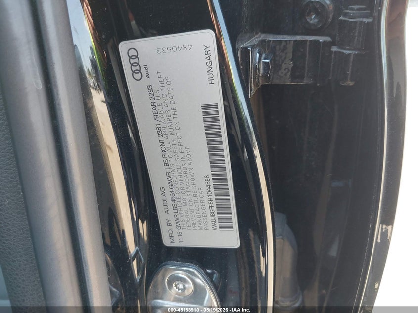 2017 Audi A3 VIN WAUJ8GFF5H1044886 IAAI salvage auction — FRONT END, Salvage (Pennsylvania), sold $550 on 2026-07-10 (photo 9)