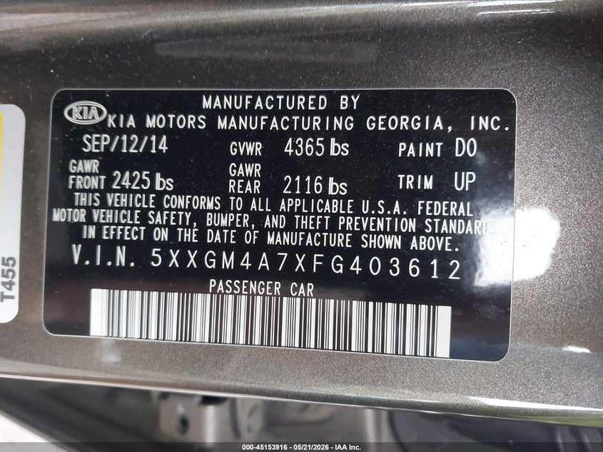 2015 Kia Optima VIN 5XXGM4A7XFG403612 IAAI salvage auction — RIGHT REAR, Salvage - Greater Than 75% (Maryland), sold $650 on 2026-07-07 (photo 9)