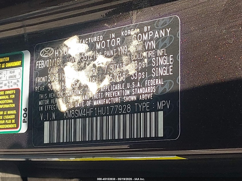 2017 Hyundai Santa fe VIN KM8SM4HF1HU177928 IAAI salvage auction — RIGHT FRONT, Clear (Indiana), sold $1,000 on 2026-07-29 (photo 9)
