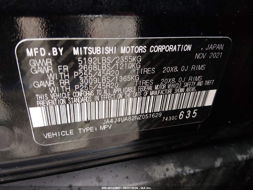 2022 Mitsubishi Outlander VIN JA4J4UA82NZ051629 IAAI salvage auction — HAIL, Salvage (Kansas), sold $11,800 on 2026-07-17 (photo 9)