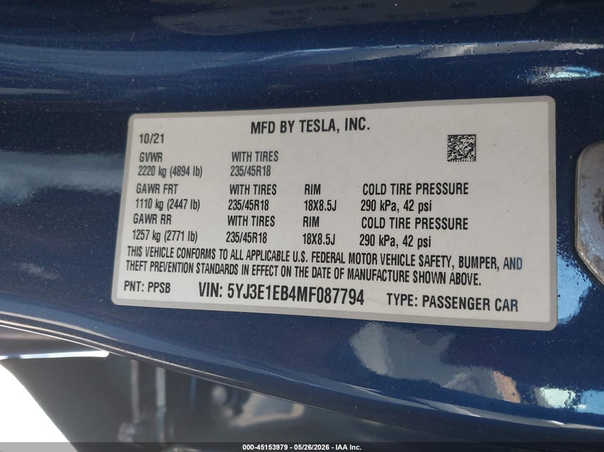 2021 Tesla Model 3 VIN 5YJ3E1EB4MF087794 IAAI salvage auction — LEFT FRONT, Salvage (Connecticut), sold $1,050 on 2026-07-30 (photo 9)