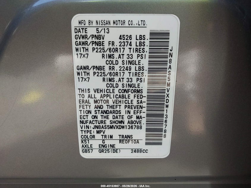 2013 Nissan Rogue VIN JN8AS5MVXDW136788 IAAI salvage auction — FRONT END, Salvage Title, sold $100 on 2026-07-07 (photo 9)
