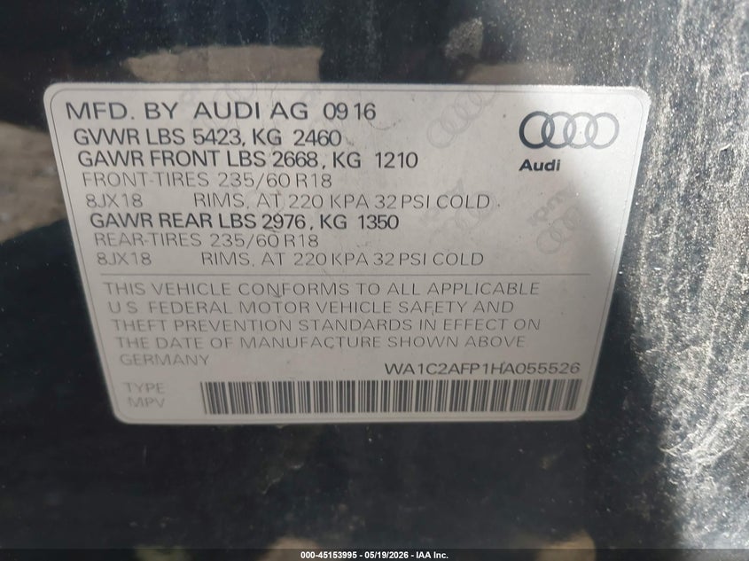 2017 Audi Q5 VIN WA1C2AFP1HA055526 IAAI salvage auction — FRONT & REAR, Salvage (Idaho), sold $225 on 2026-07-15 (photo 9)