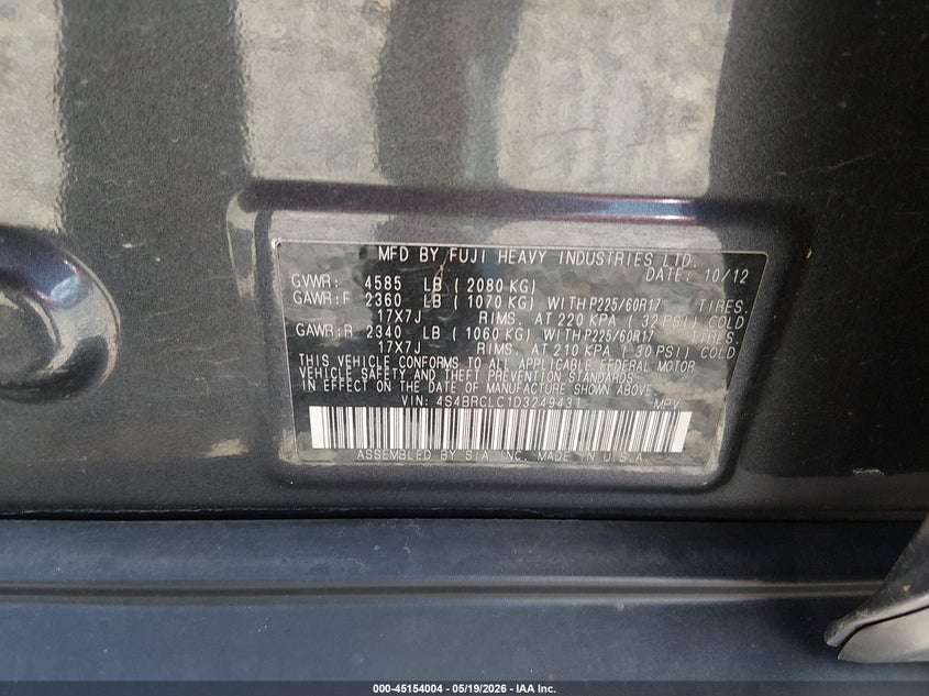 2013 Subaru Outback VIN 4S4BRCLC1D3249431 IAAI salvage auction — FRONT END, Salvage (West Virginia), sold $1,200 on 2026-07-09 (photo 9)