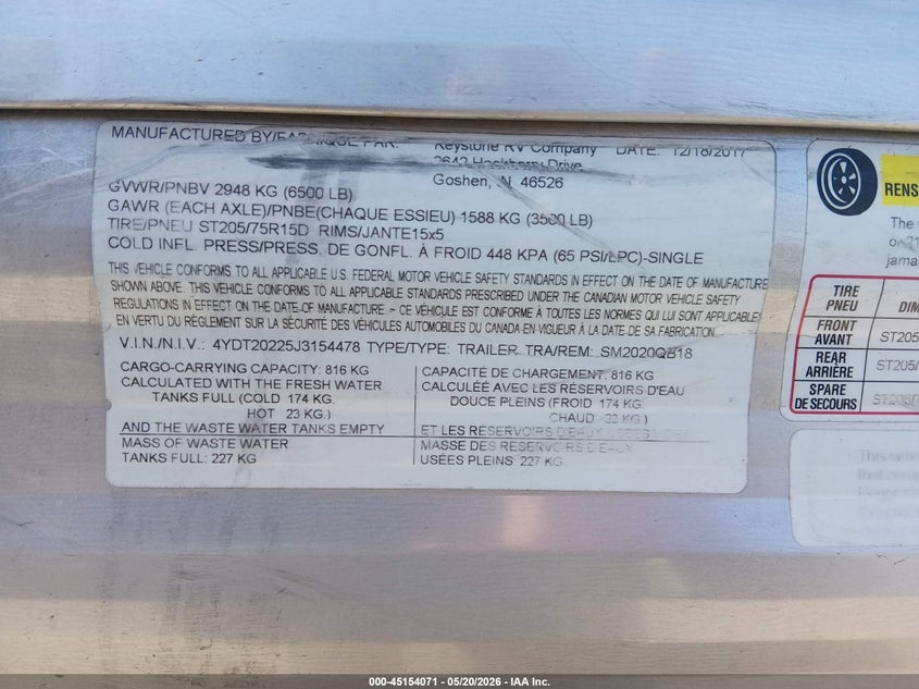2018 Keystone rv Other VIN 4YDT20225J3154478 IAAI salvage auction — SIDE, Wait Title, sold $1,100 on 2026-09-29 (photo 9)