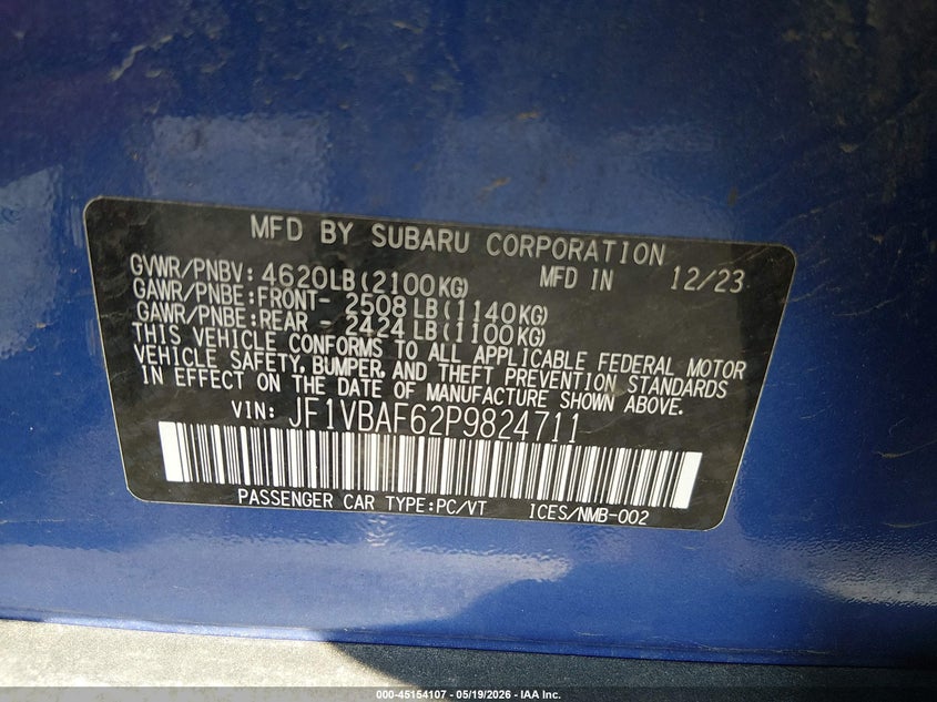 2023 Subaru Wrx VIN JF1VBAF62P9824711 IAAI salvage auction — FRONT END, Salvage (Pennsylvania), sold $6,400 on 2026-07-28 (photo 9)