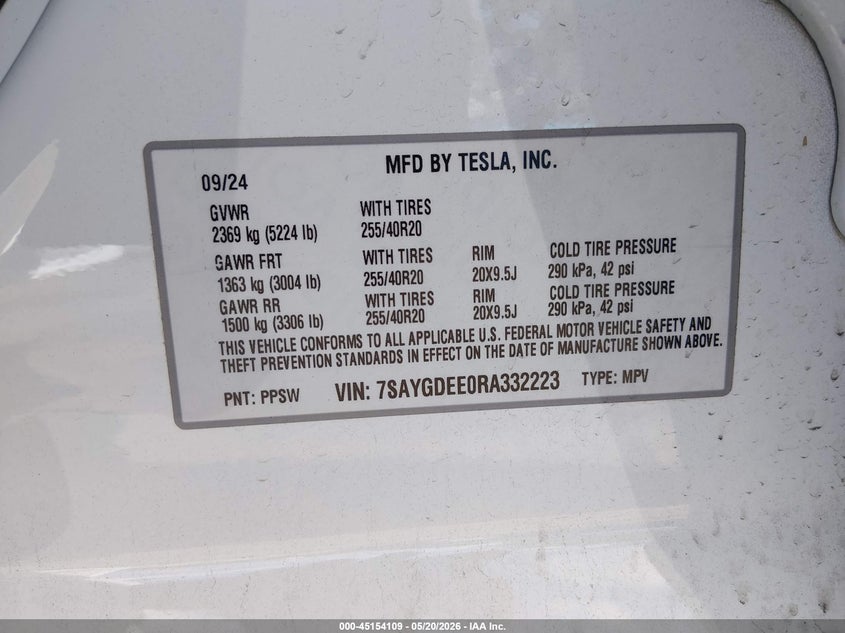 2024 Tesla Model y VIN 7SAYGDEE0RA332223 IAAI salvage auction — SIDE, Salvage (New Jersey), sold $18,800 on 2026-07-16 (photo 9)