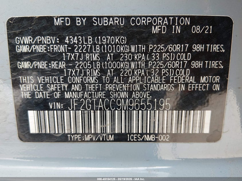 2021 Subaru Xv VIN JF2GTACC9M9655195 IAAI salvage auction — RIGHT SIDE, Original (Texas), sold $7,675 on 2026-07-07 (photo 9)