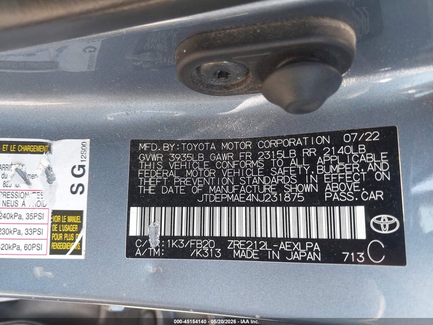 2022 Toyota Corolla VIN JTDEPMAE4NJ231875 IAAI salvage auction — LEFT FRONT, Salvage (California), sold $1,475 on 2026-07-15 (photo 9)