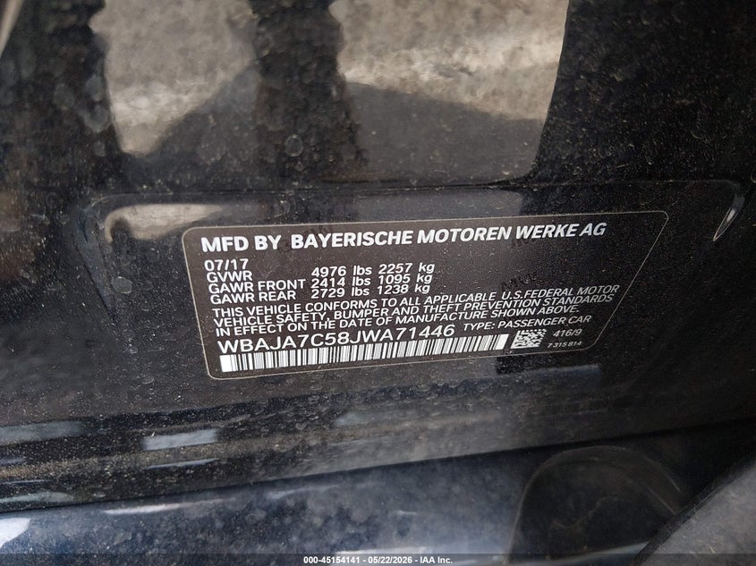 2018 BMW 5er VIN WBAJA7C58JWA71446 IAAI salvage auction — LEFT FRONT, Salvage (New Jersey), sold $6,100 on 2026-07-24 (photo 9)