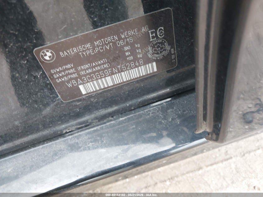 2015 BMW 3er VIN WBA3C3G59FNT52848 IAAI salvage auction — LEFT SIDE, Junk Bill Of Sale Mv2459 (Wisconsin), sold $1,200 on 2026-07-28 (photo 9)
