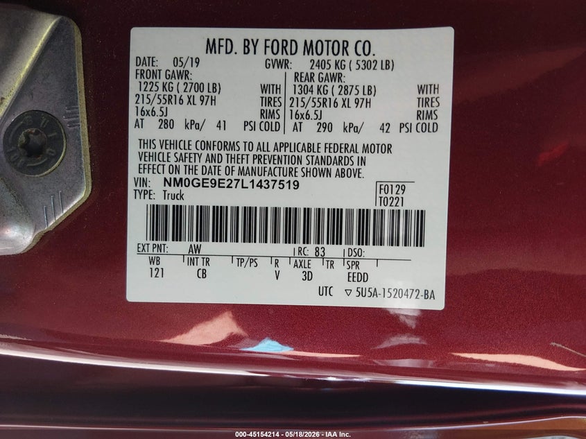 2020 Ford Transit connect VIN NM0GE9E27L1437519 IAAI salvage auction — NORMAL WEAR, Sf97 (North Carolina), sold $13,250 on 2026-07-16 (photo 9)