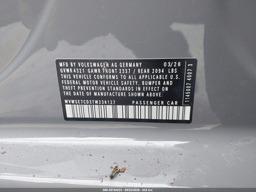 2026 Volkswagen Golf gti VIN WVWSE7CD3TW236127 IAAI salvage auction — FRONT & REAR, Salvage (Pennsylvania), sold $6,100 on 2026-07-08 (photo 9)