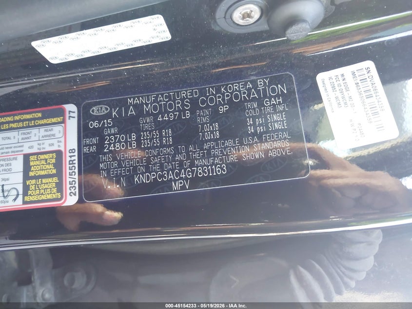 2016 Kia Sportage VIN KNDPC3AC4G7831163 IAAI salvage auction — FRONT END, Salvage (Georgia), sold $1,850 on 2026-07-29 (photo 9)