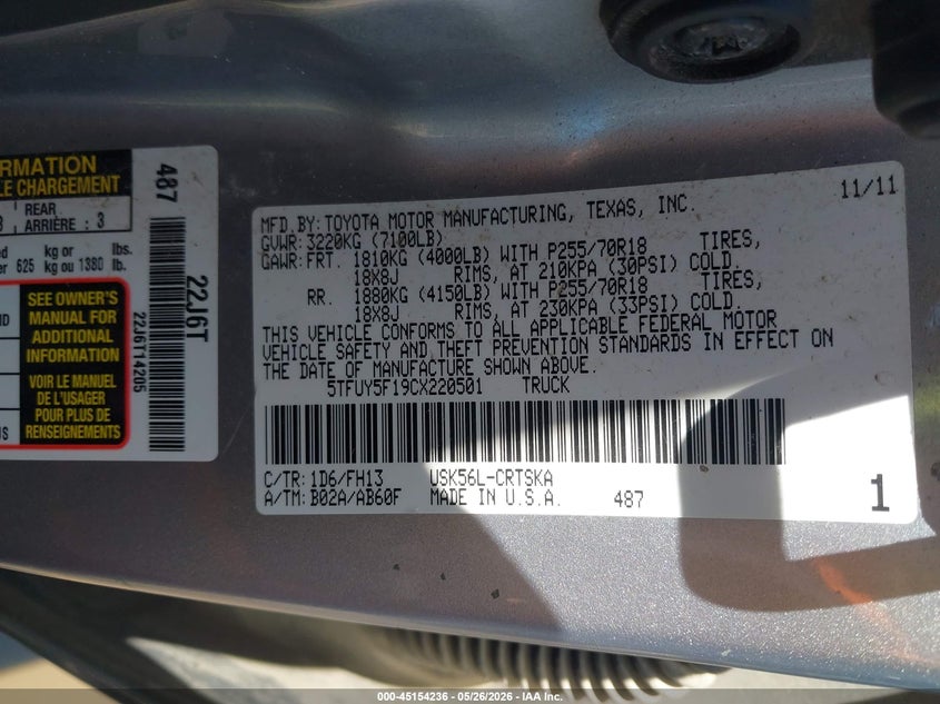 2012 Toyota Tundra VIN 5TFUY5F19CX220501 IAAI salvage auction — FRONT END, Salvage (New Hampshire), sold $3,300 on 2026-07-22 (photo 9)