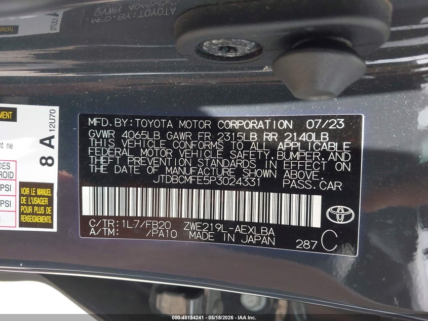 2023 Toyota Corolla VIN JTDBCMFE5P3024331 IAAI salvage auction — FRONT & REAR, Original (Texas), sold $4,850 on 2026-07-30 (photo 9)