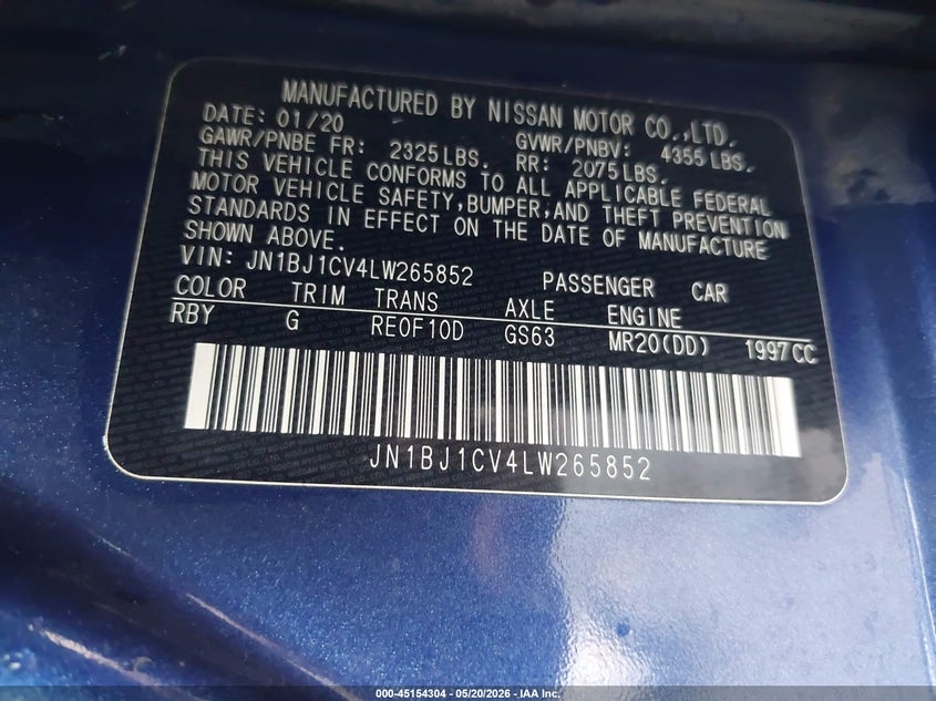 2020 Nissan Rogue VIN JN1BJ1CV4LW265852 IAAI salvage auction — FRONT END, Clear (Oklahoma), sold $3,400 on 2026-07-29 (photo 9)