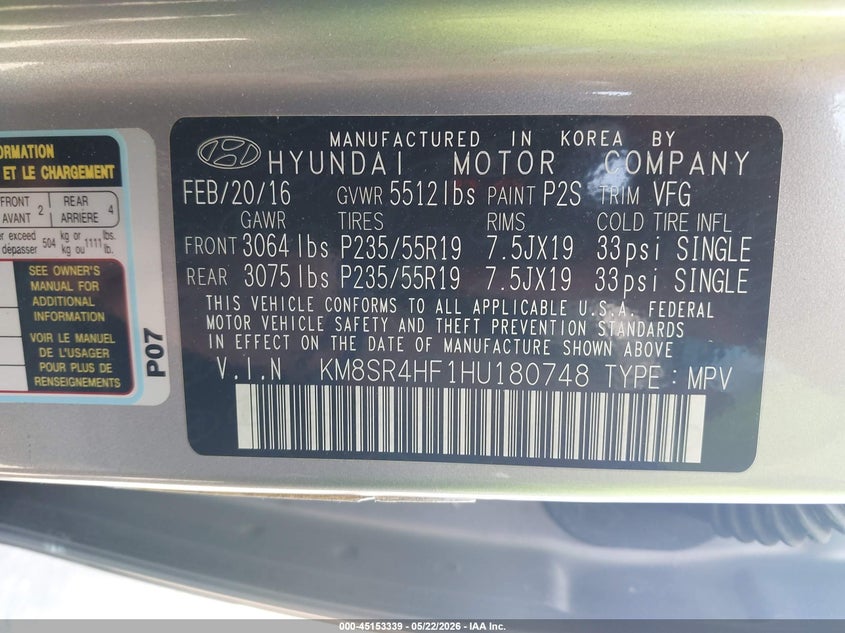 2017 Hyundai Santa fe VIN KM8SR4HF1HU180748 IAAI salvage auction — FRONT END, Original (Texas), sold $3,100 on 2026-07-07 (photo 9)