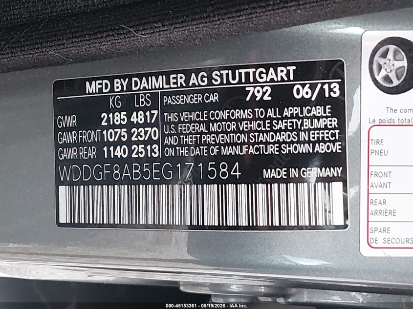 2014 Mercedes-benz C-klasse VIN WDDGF8AB5EG171584 IAAI salvage auction — FRONT END, Wait Title, sold $175 on 2026-08-12 (photo 9)