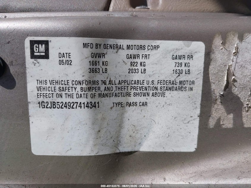 2002 Pontiac Sunfire VIN 1G2JB524927414341 IAAI salvage auction — NORMAL WEAR, Clear (Hawaii), sold $25 on 2026-07-21 (photo 9)