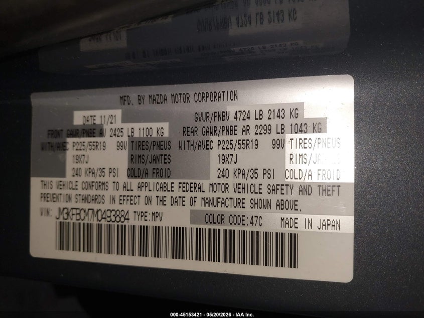 2021 Mazda Cx-5 VIN JM3KFBCM7M0493884 IAAI salvage auction — SUSPENSION, Mv-907A (New York), sold $4,500 on 2026-07-15 (photo 9)