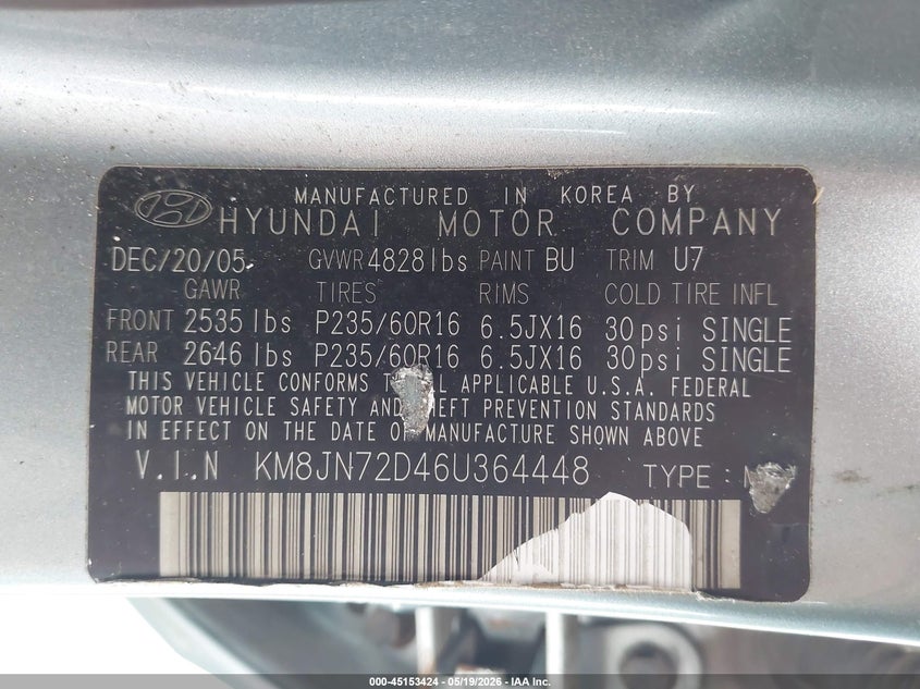 2006 Hyundai Tucson VIN KM8JN72D46U364448 IAAI salvage auction — NORMAL WEAR, Repossessed (Missouri), sold $200 on 2026-07-21 (photo 9)
