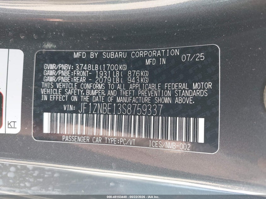 2025 Toyota Gr 86 VIN JF1ZNBE13S8759337 IAAI salvage auction — REAR END, Original (Texas), sold $10,250 on 2026-08-11 (photo 9)