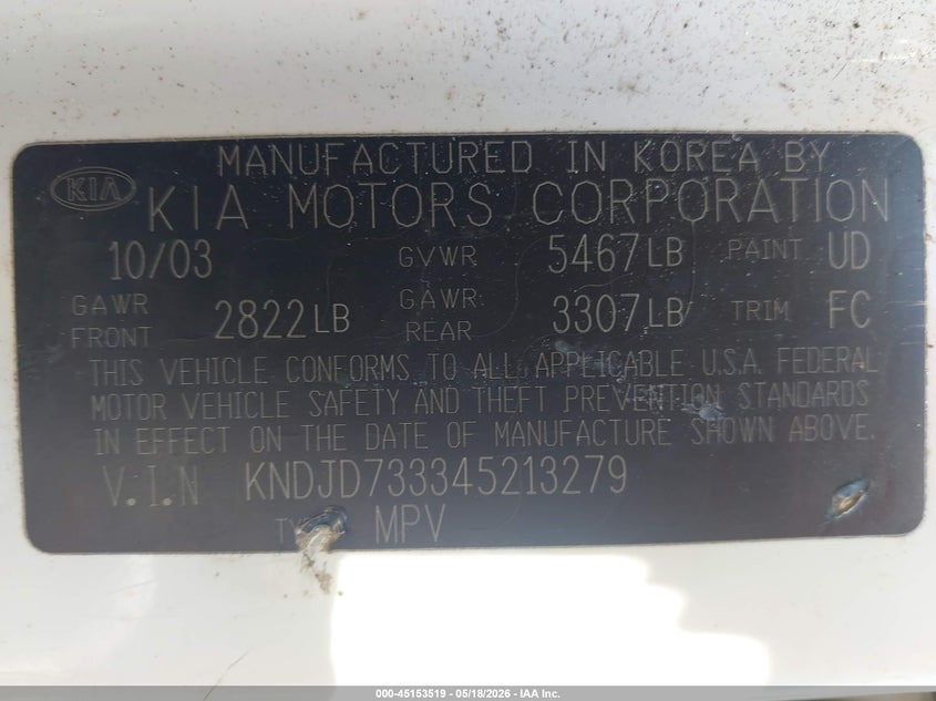 2004 Kia Sorento VIN KNDJD733345213279 IAAI salvage auction — FRONT END, Repossession Paperwork (Georgia), sold $325 on 2026-07-15 (photo 9)