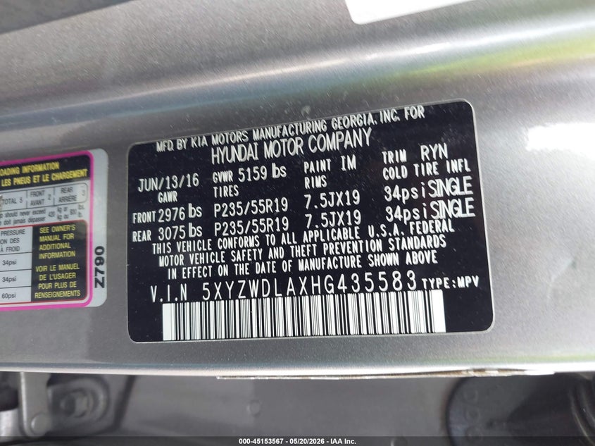 2017 Hyundai Santa fe VIN 5XYZWDLAXHG435583 IAAI salvage auction — REAR END, Salvage - Greater Than 75% (Maryland), sold $2,650 on 2026-07-27 (photo 9)