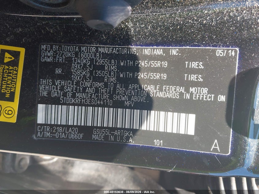 2014 Toyota Highlander VIN 5TDDKRFH3ES044110 IAAI salvage auction — RIGHT FRONT, Salvage Title, sold $7,425 on 2026-07-07 (photo 9)