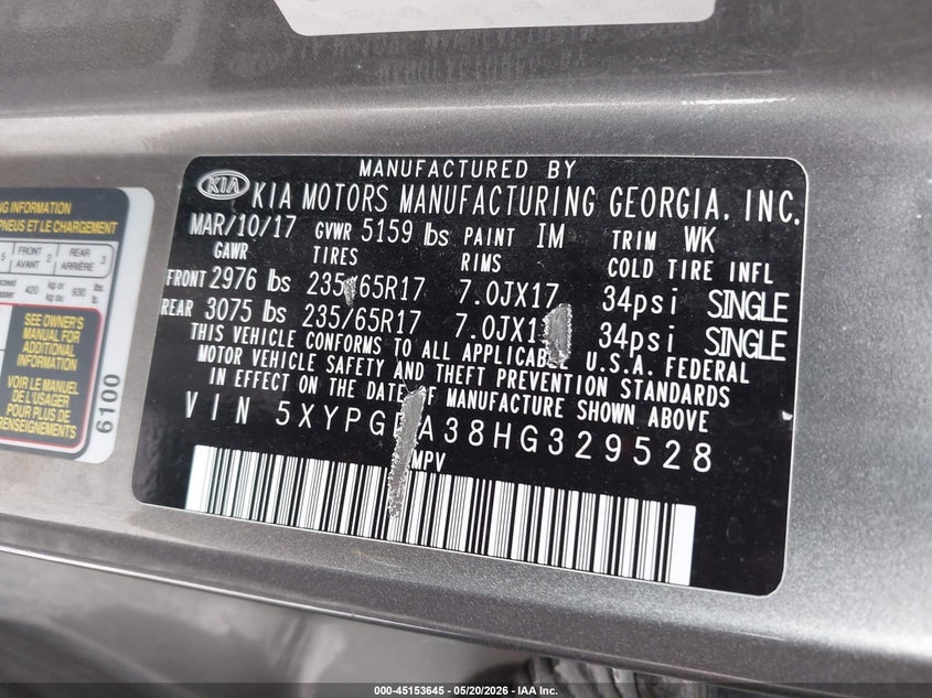 2017 Kia Sorento VIN 5XYPGDA38HG329528 IAAI salvage auction — SUSPENSION, Mv-907A (New York), sold $2,400 on 2026-07-14 (photo 9)
