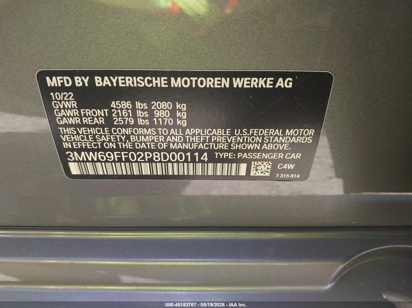 2023 BMW 3er VIN 3MW69FF02P8D00114 IAAI salvage auction — SIDE, Rebuildable (Florida), sold $16,050 on 2026-07-30 (photo 9)