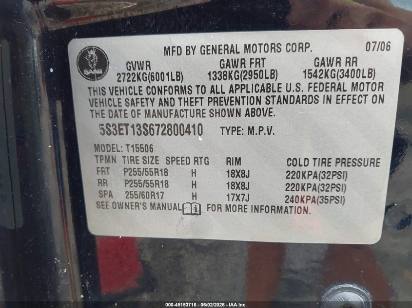 2007 Saab 9-7x VIN 5S3ET13S672800410 IAAI salvage auction — NORMAL WEAR, Clear (Florida), sold $375 on 2026-07-14 (photo 9)