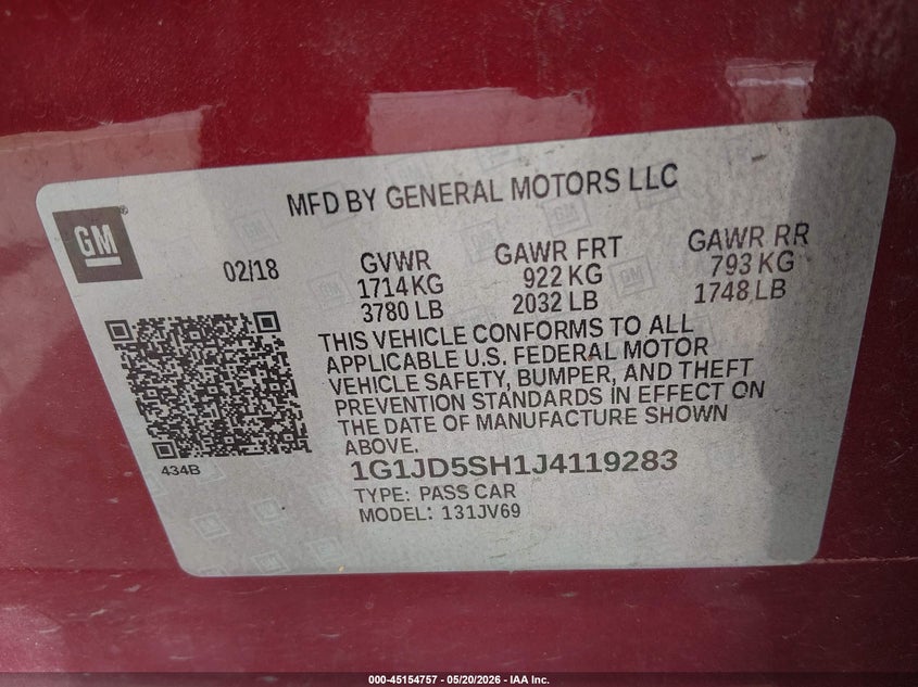 2018 Chevrolet SONIC VIN 1G1JD5SH1J4119283 IAAI salvage auction — REAR END, Salvage (Missouri), sold $825 on 2026-07-09 (photo 9)