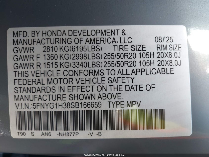 2025 Honda Pilot VIN 5FNYG1H38SB166659 IAAI salvage auction — FRONT END, Mv-907A (New York), sold $7,300 on 2026-07-28 (photo 9)