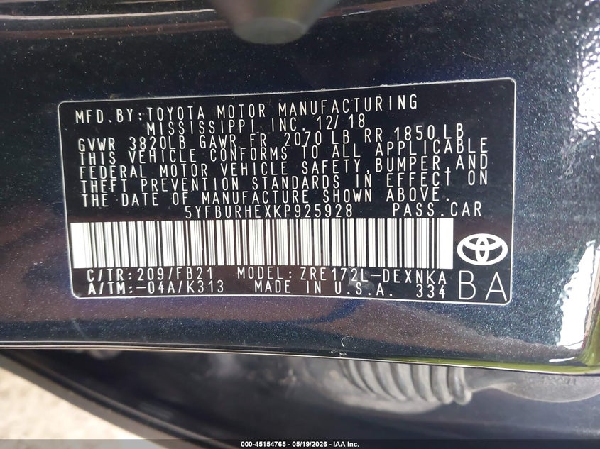 2019 Toyota Corolla VIN 5YFBURHEXKP925928 IAAI salvage auction — FRONT END, Salvage (Texas), sold $1,675 on 2026-07-28 (photo 9)