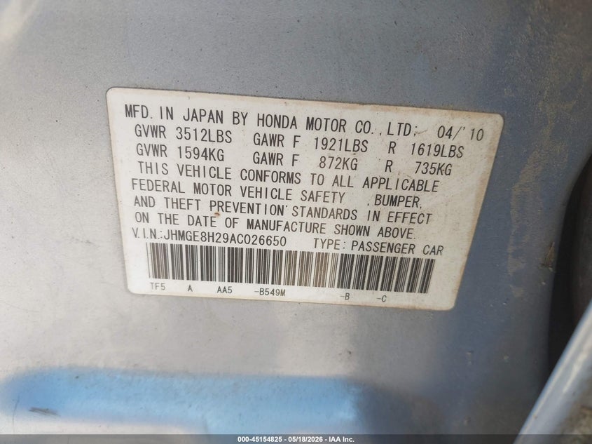 2010 Honda Fit VIN JHMGE8H29AC026650 IAAI salvage auction — FRONT END, Salvage - Greater Than 75% (Maryland), sold $500 on 2026-07-16 (photo 9)