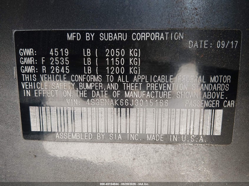 2018 Subaru LEGACY VIN 4S3BNAK66J3015166 IAAI salvage auction — HAIL, Salvage Title, sold $7,200 on 2026-08-25 (photo 9)