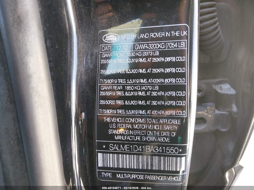 2011 Land rover RANGE ROVER VIN SALME1D41BA341550 IAAI salvage auction — SIDE, Clear (Arizona), sold $1,175 on 2026-07-09 (photo 9)