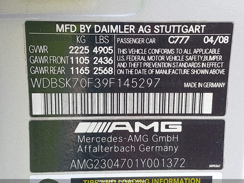 2009 Mercedes-benz Slc-klasse amg VIN WDBSK70F39F145297 IAAI salvage auction — WATER/FLOOD, Salvage (Louisiana), sold $11,000 on 2026-08-15 (photo 9)