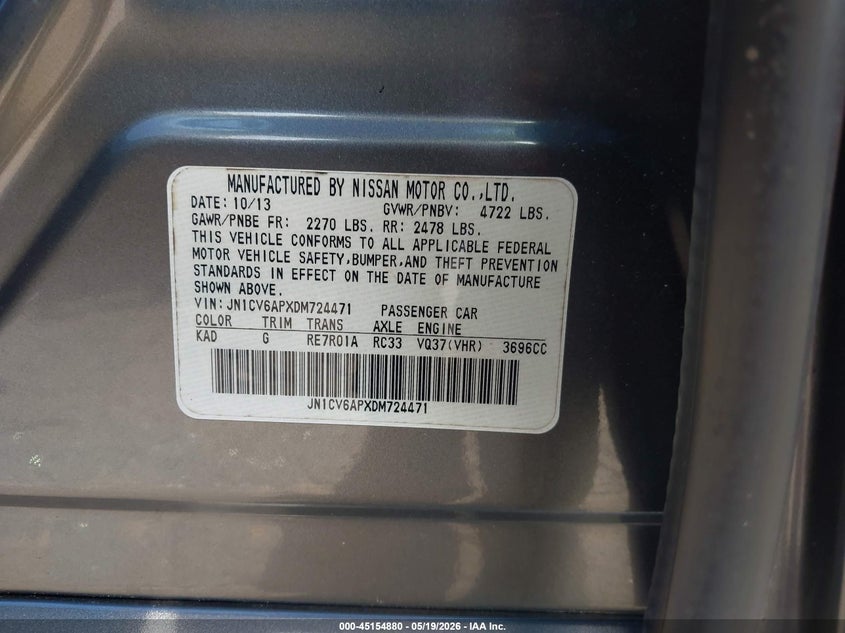 2013 Infiniti G VIN JN1CV6APXDM724471 IAAI salvage auction — FRONT END, Salvage (Georgia), sold $25 on 2026-07-29 (photo 9)