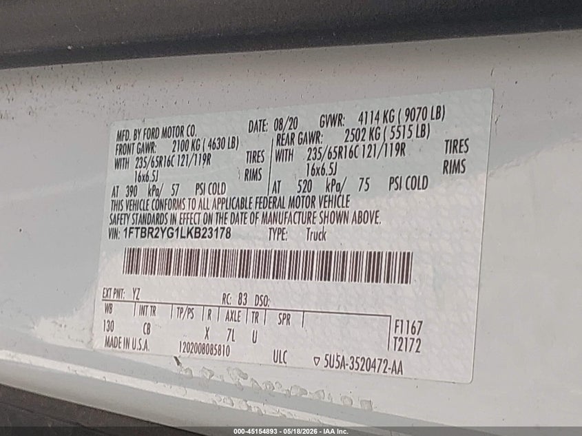 2020 Ford Transit-250 VIN 1FTBR2YG1LKB23178 IAAI salvage auction — NORMAL WEAR, Sf97 (Indiana), sold $17,950 on 2026-07-15 (photo 9)