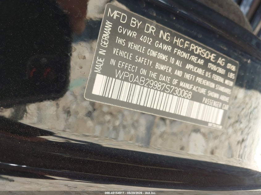 2007 Porsche 911 VIN WP0AB29987S730068 IAAI salvage auction — NORMAL WEAR, Salvage (Virginia), sold $15,900 on 2026-07-13 (photo 9)