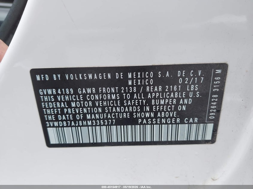 2017 Volkswagen Jetta VIN 3VWDB7AJ8HM335377 IAAI salvage auction — FRONT & REAR, Certificate Of Title (Nebraska), sold $2,250 on 2026-07-29 (photo 9)